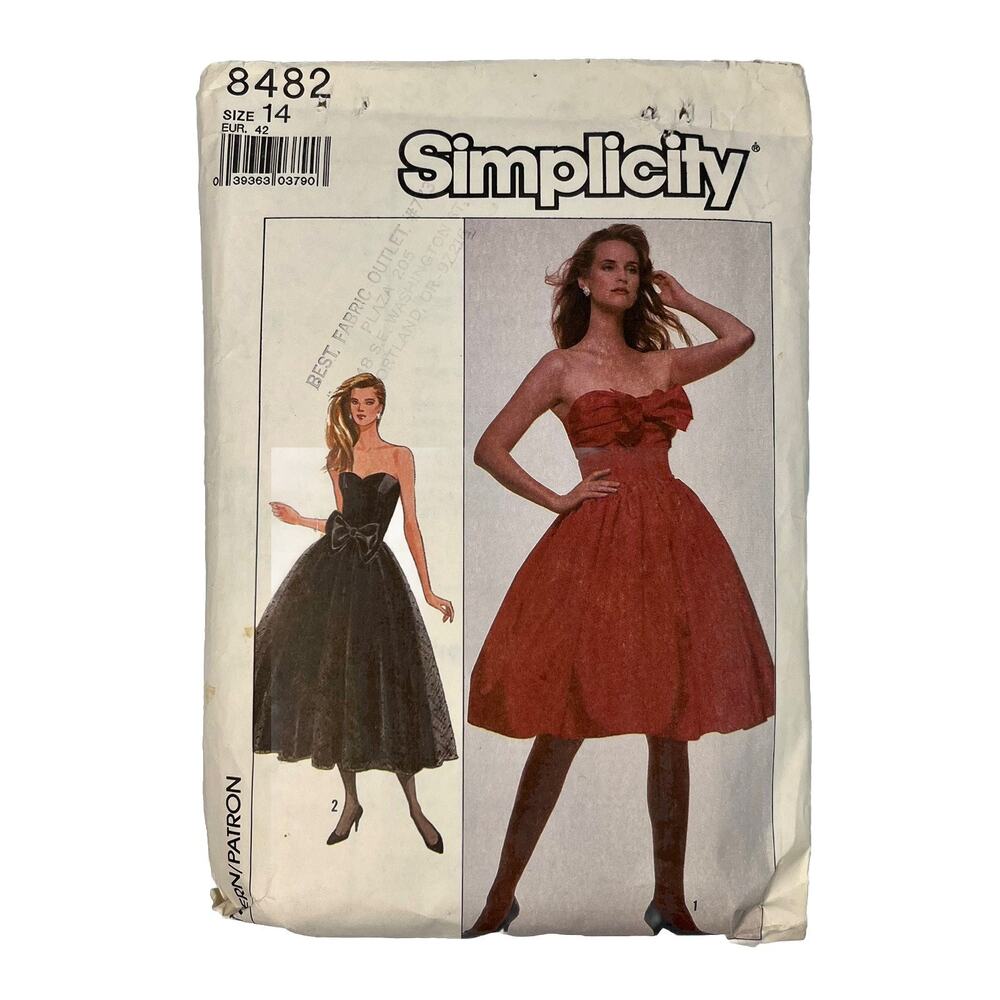 Vintage 80s Simplicity 8482 Strapless Full Skirt Party Prom Dress UNCUT Size 14